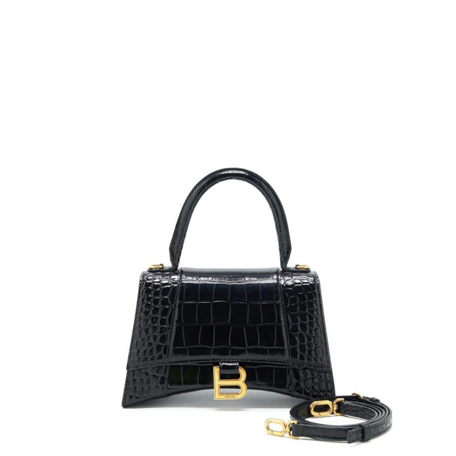 Balenciaga Hourglass S Croc Embossed leather handbag Black GHW | Studio Nafay