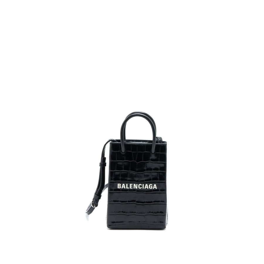 Balenciaga Mini Shopping Phone Pouch Coro-Emboss Calfskin Black SHW | Studio Nafay