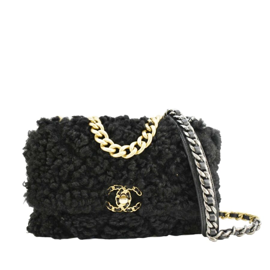 Chanel Shearling 19 Flap Medium Sheepskin Shoulder Bag Black | Studio Nafay