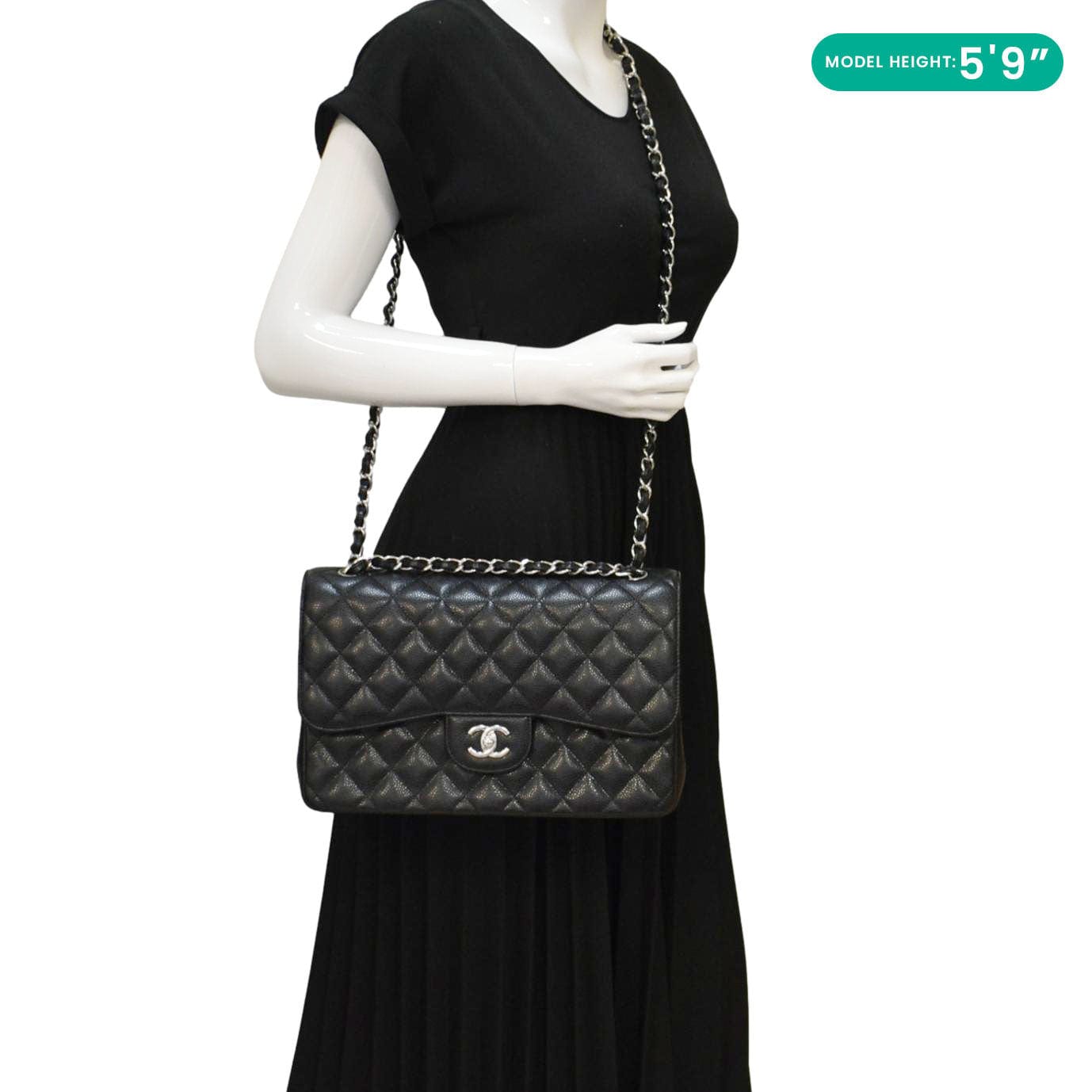 Chanel Jumbo Classic Double Flap Quilted Caviar Leather Shoulder Bag Black