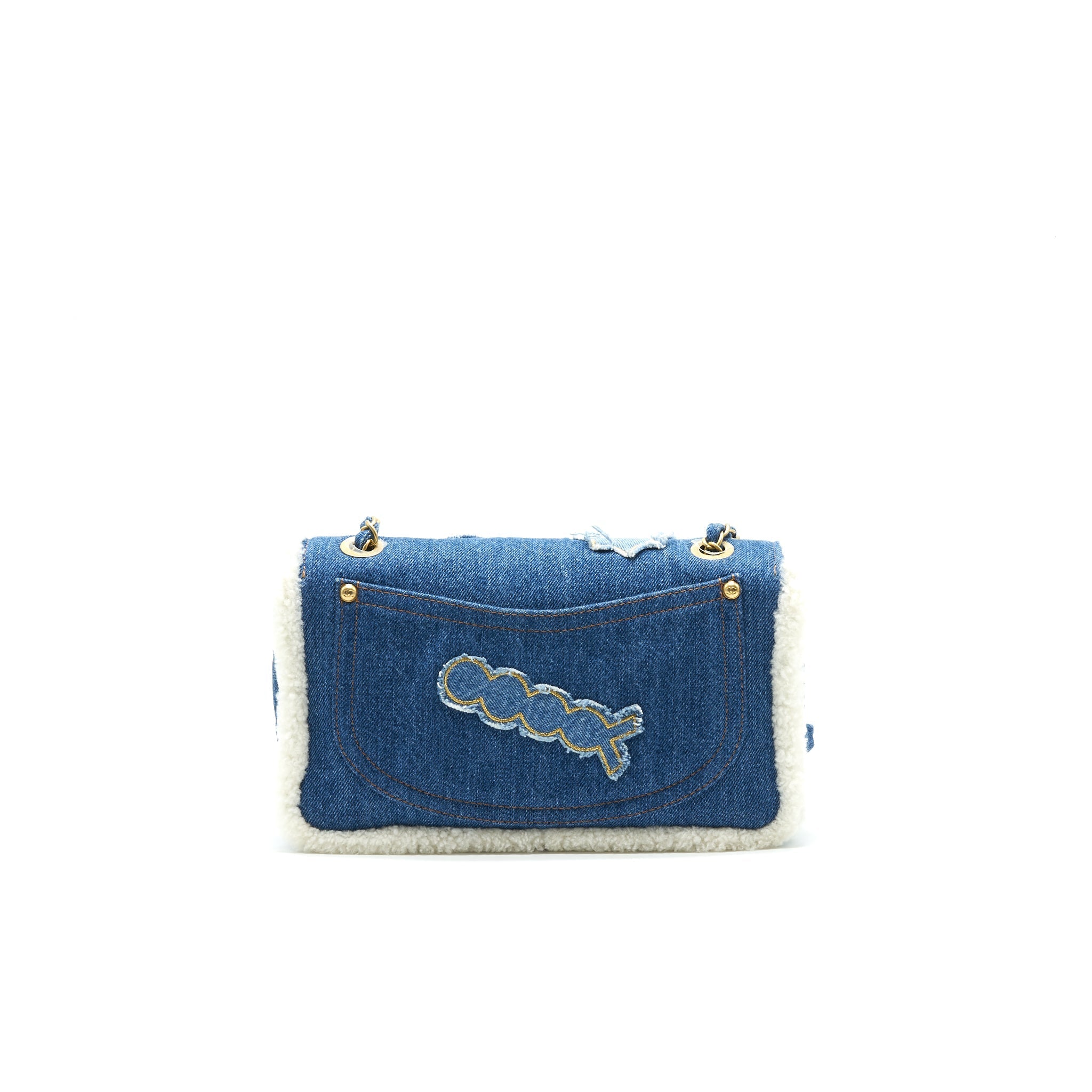 CHANEL Shearling Hieroglyph Flap Blue Shoulder Bag