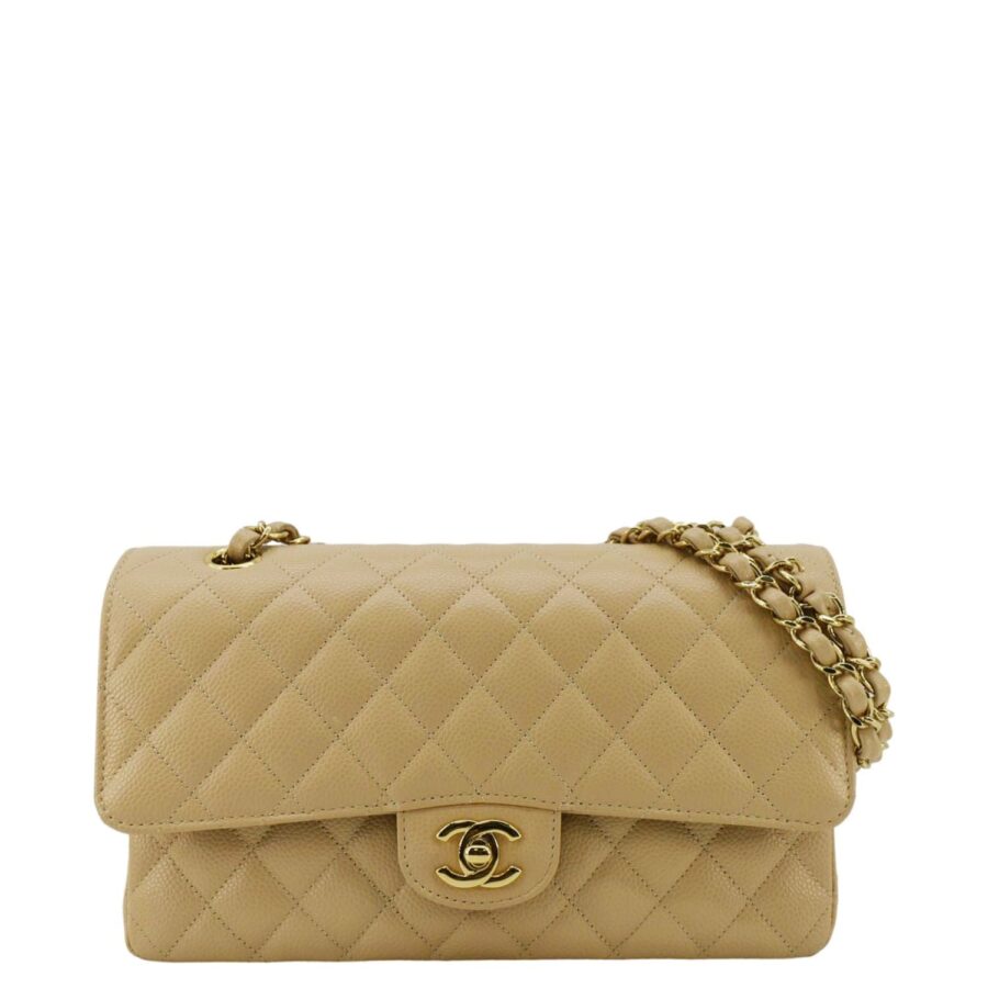 Chanel Double Flap Medium Quilted Caviar Leather Shoulder Bag Cream | Studio Nafay