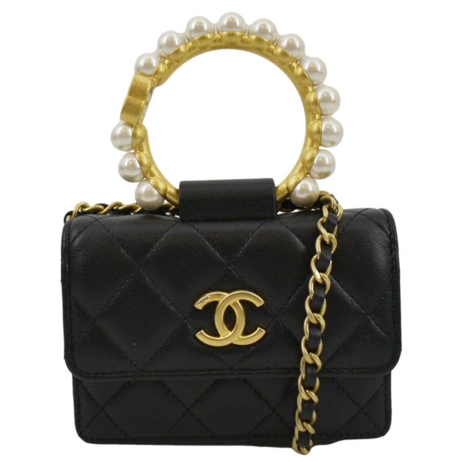 Chanel Pearl Mini Quilted Leather Top Handle Shoulder Bag Black | Studio Nafay
