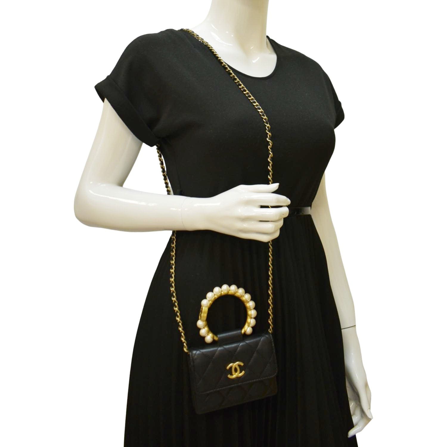 Chanel Pearl Mini Quilted Leather Top Handle Shoulder Bag Black