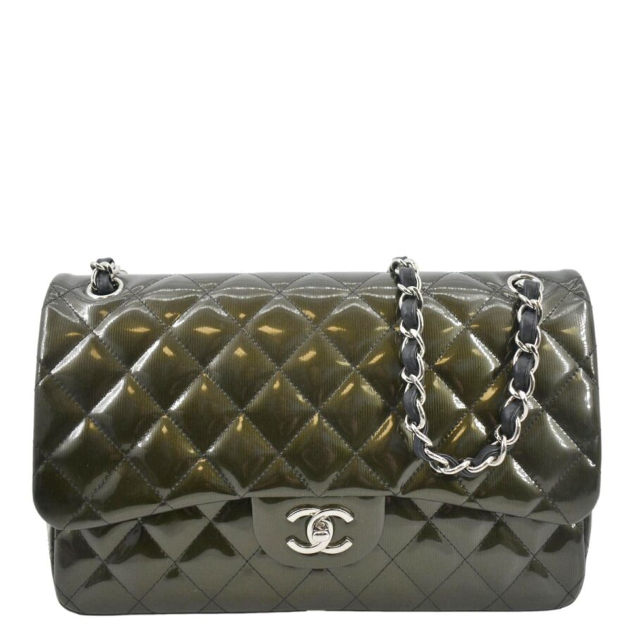 Chanel Jumbo Flap Striated Quilted Patent Leather Shoulder Bag Green | Studio Nafay
