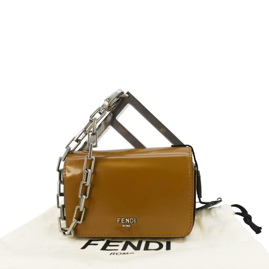 FENDI Nano F Leather Clutch Bag Brown | Studio Nafay