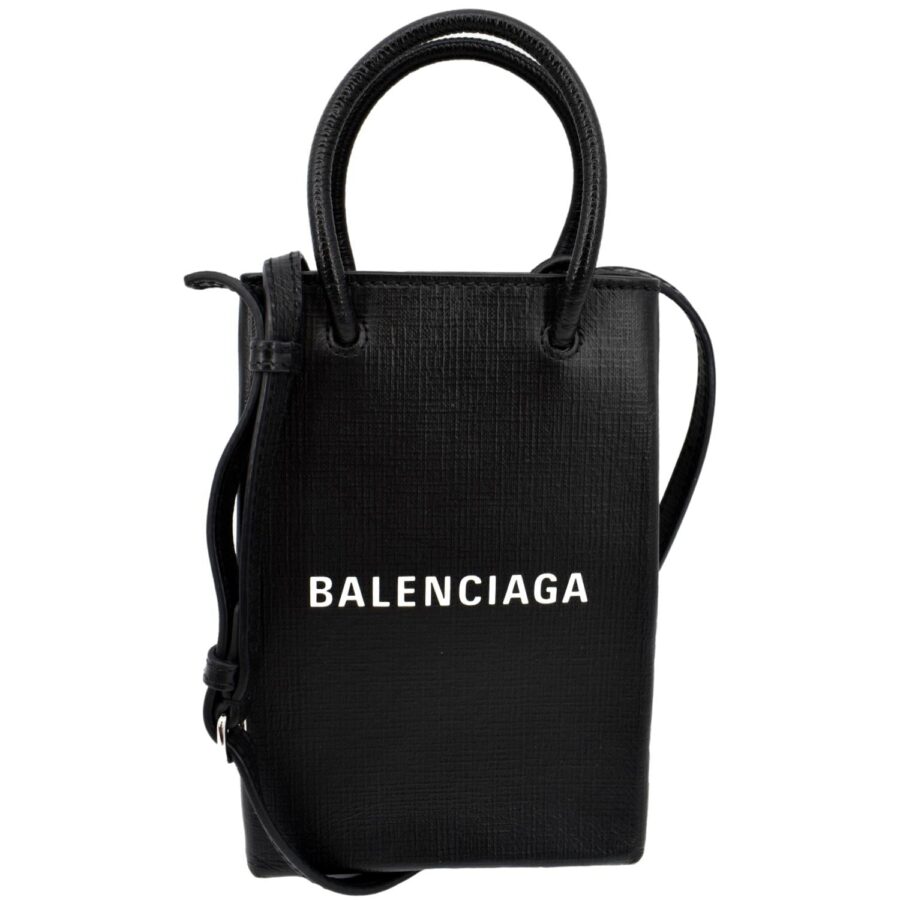 BALENCIAGA Leather Phone Holder Shopping Crossbody Bag Black | Studio Nafay