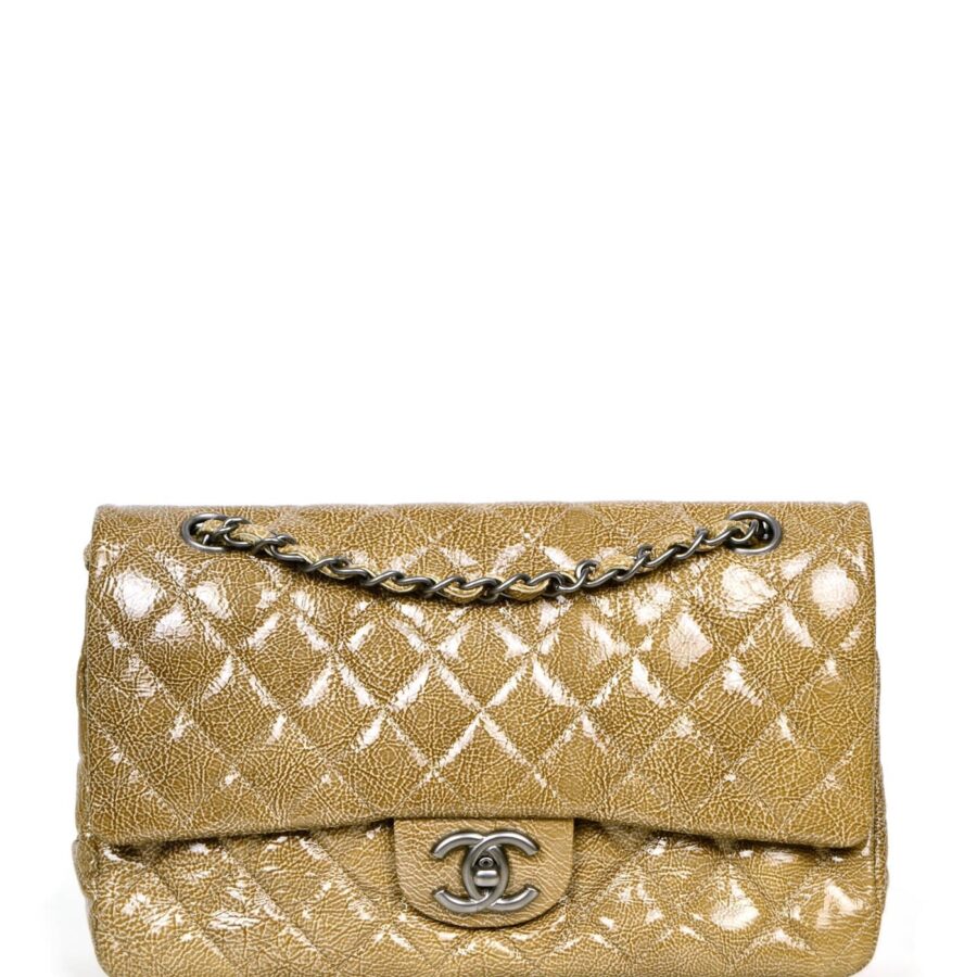 Chanel Beige Crumpled Patent Quilted Double Flap 10" Classic Bag | Studio Nafay