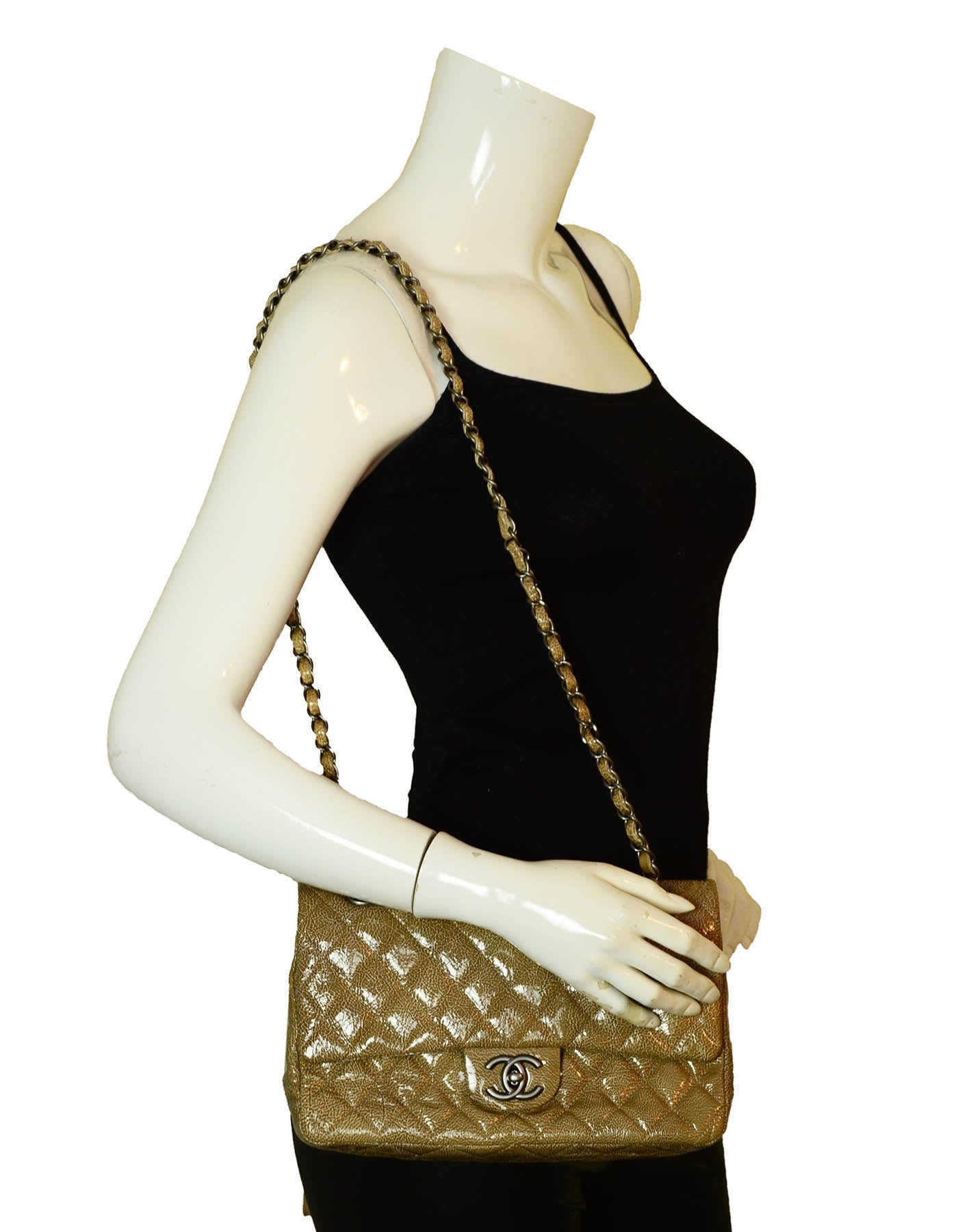 Chanel Beige Crumpled Patent Quilted Double Flap 10″ Classic Bag
