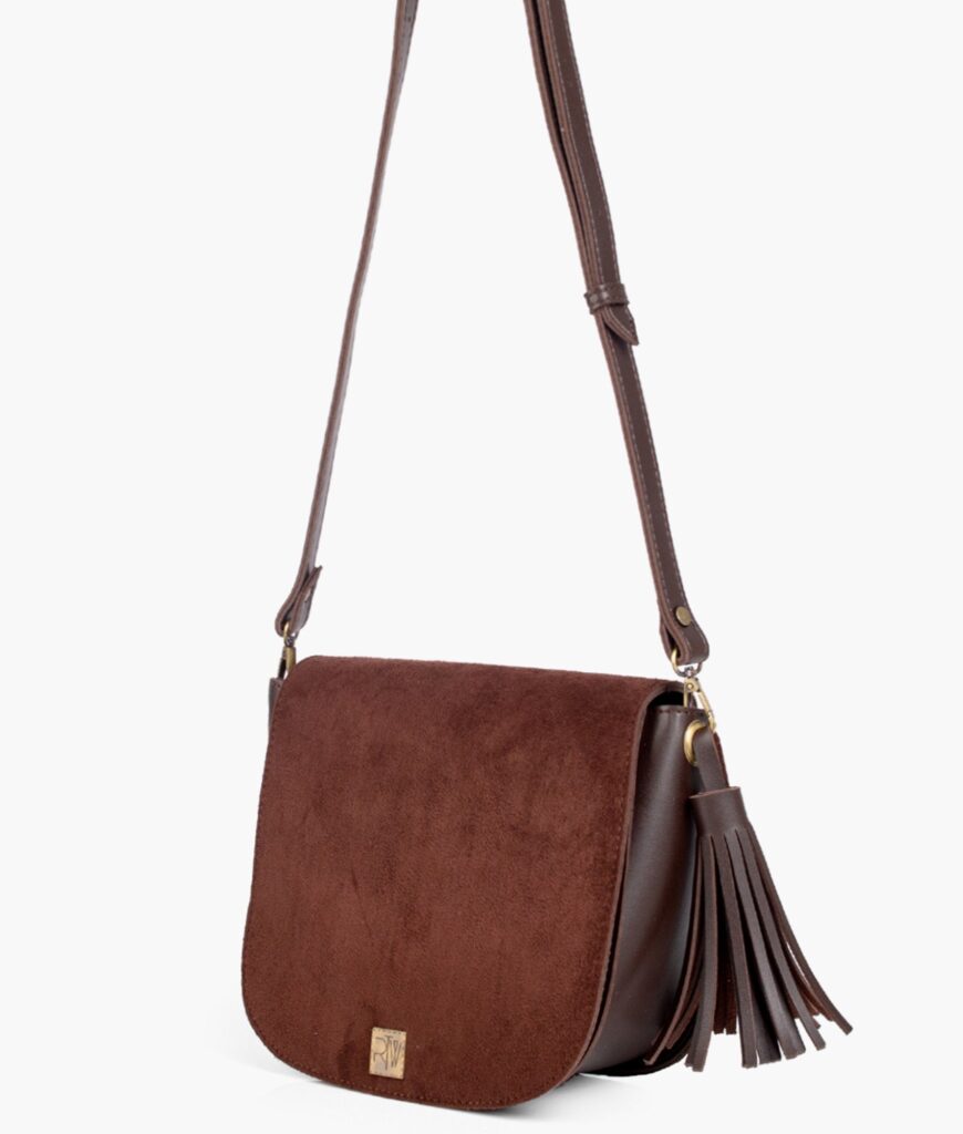 Dark brown suede foldover saddle bag | Studio Nafay