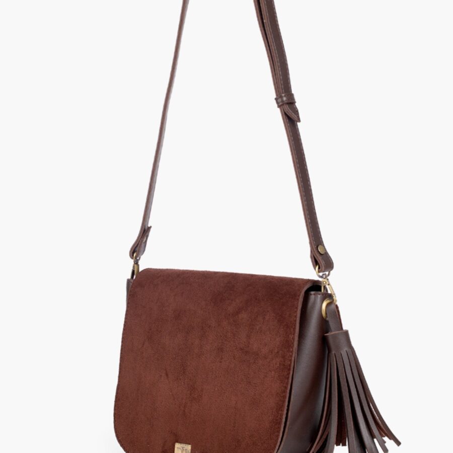 Dark brown suede foldover saddle bag | Studio Nafay