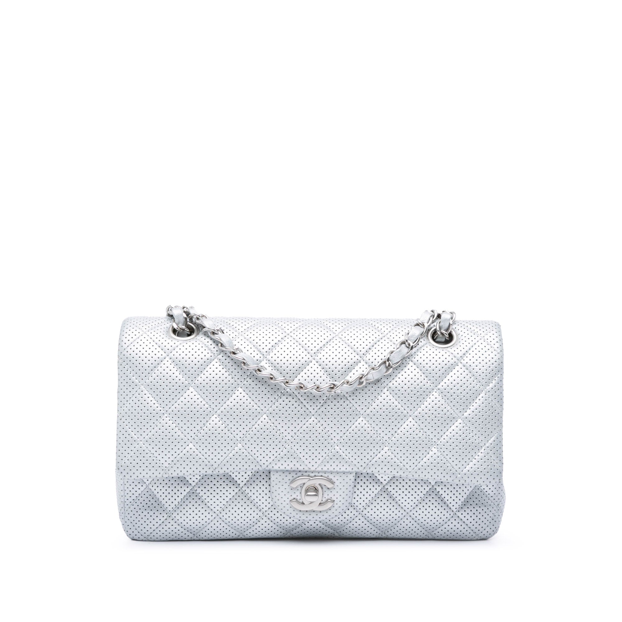 Silver Chanel Medium Classic Perforated Lambskin Double Flap Shoulder Bag