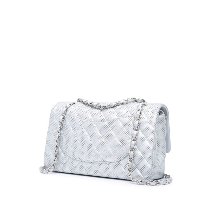 Silver Chanel Medium Classic Perforated Lambskin Double Flap Shoulder Bag | Studio Nafay