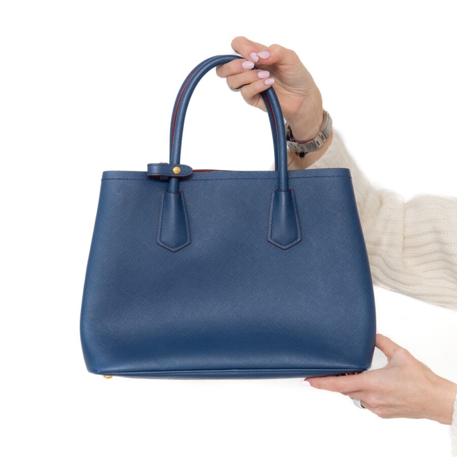 Prada Medium Deep Blue Saffiano Cuir Double Handle Tote Bag | Studio Nafay