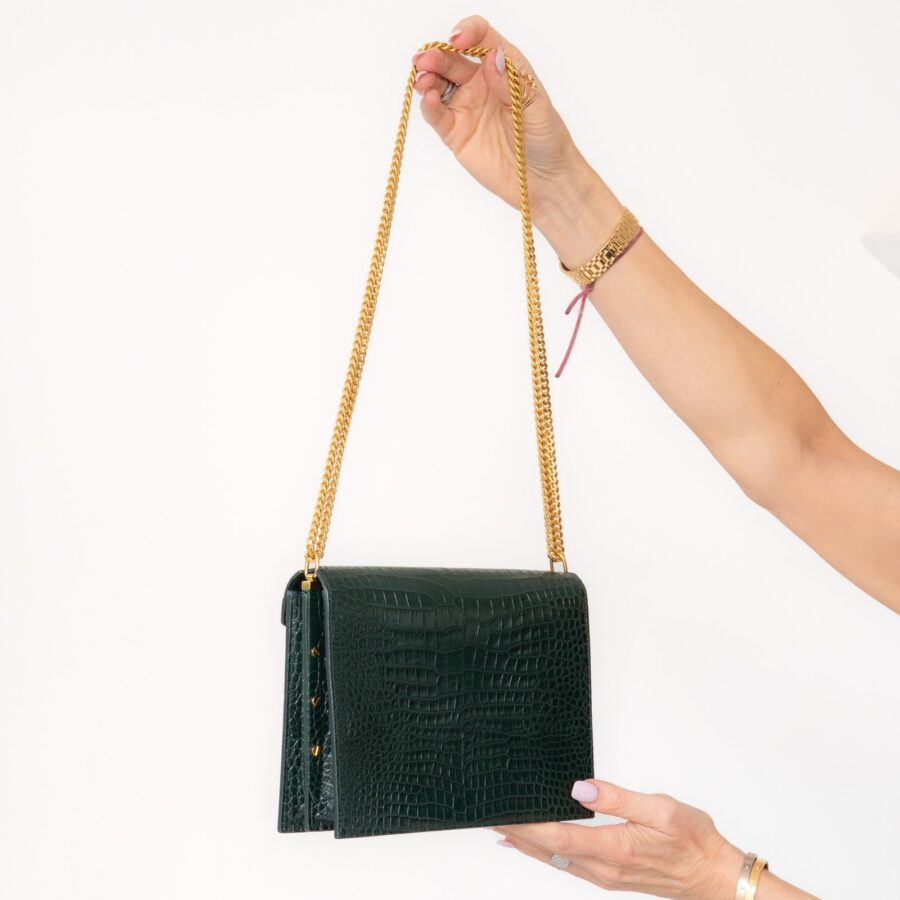 Saint Laurent Green Croc Embossed Leather Cassandra Clasp Crossbody Flap Bag | Studio Nafay