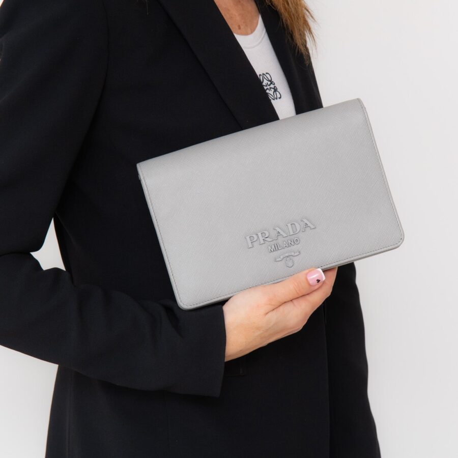 Prada Saffiano Grey Leather Crossbody Bag | Studio Nafay