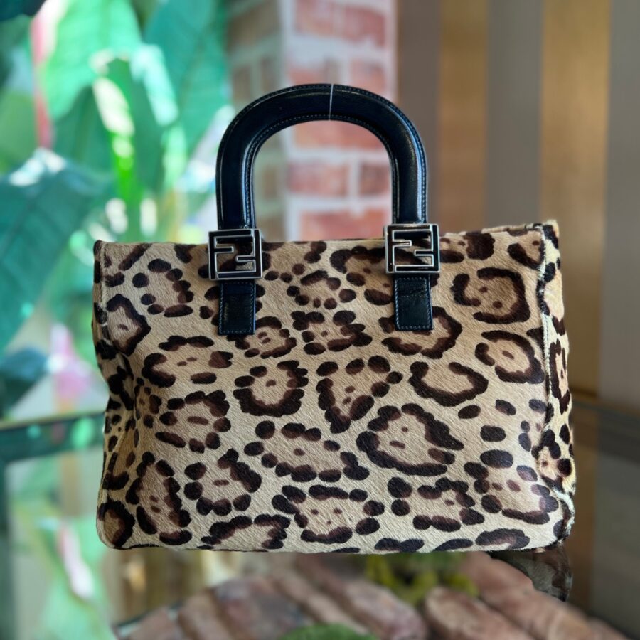 FENDI Brown Beige FF Handle Leopard Print Pony Hair Small Tote Bag | Studio Nafay