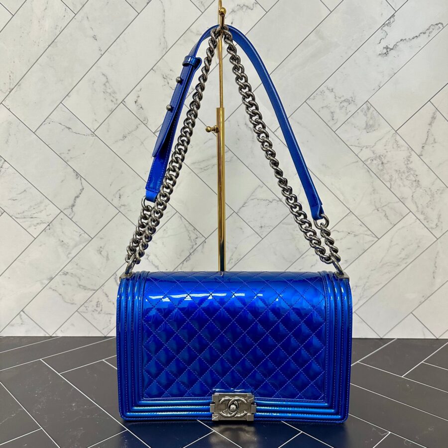 Chanel Blue Quilted Patent Leather Medium Boy Bag | Studio Nafay