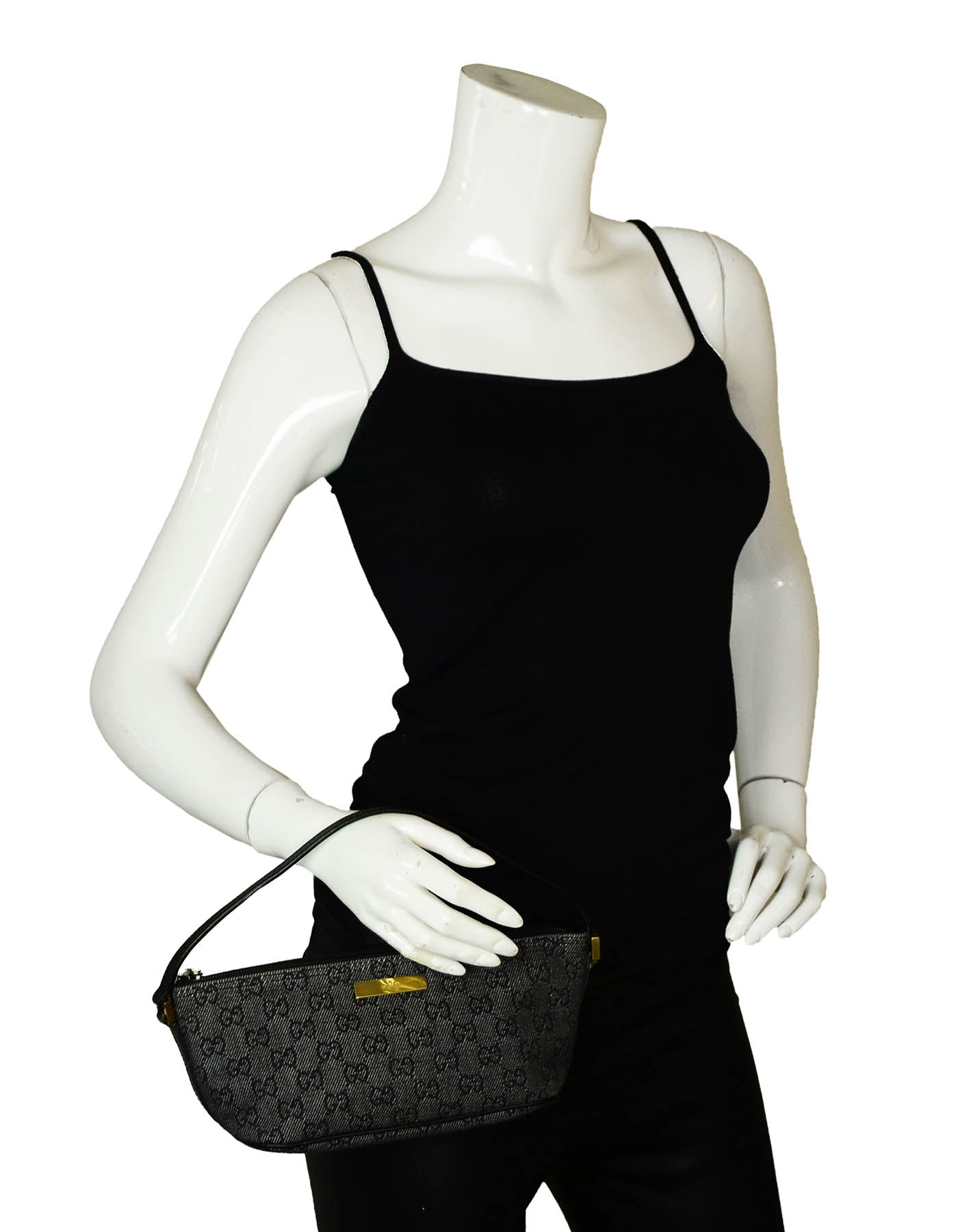 Gucci Black Denim Monogram Baguette Bag