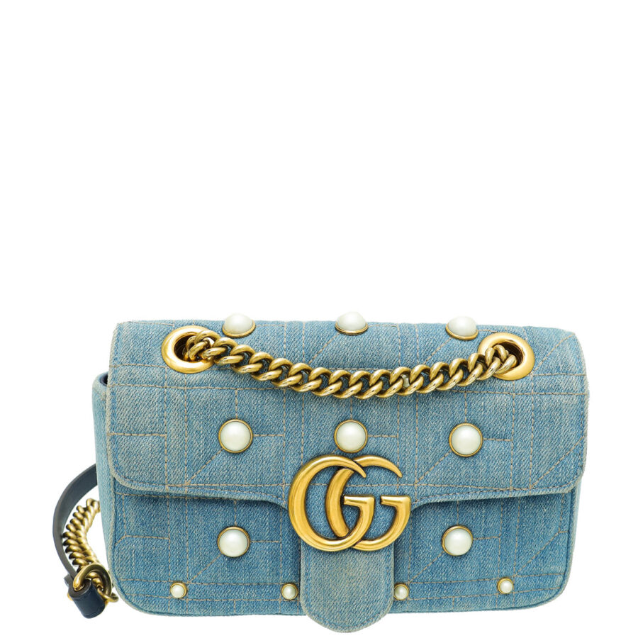 Gucci Blue Aged Studded Pearl Denim GG Marmont Mini Bag | Studio Nafay