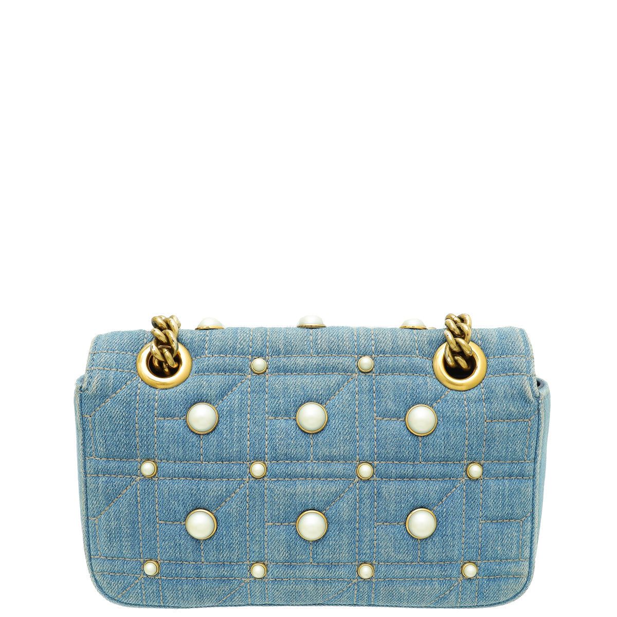 Gucci Blue Aged Studded Pearl Denim GG Marmont Mini Bag