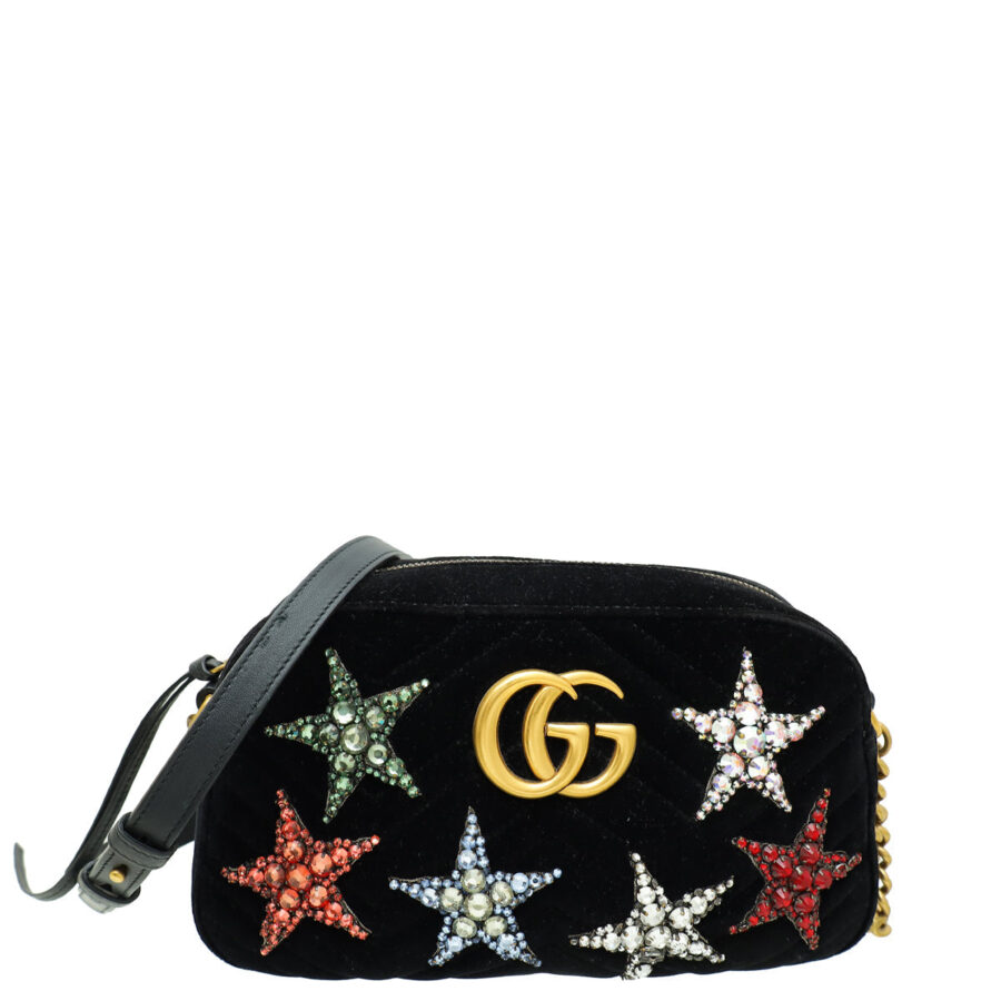 Gucci Black Velvet GG Marmont Crystal Star Small Bag | Studio Nafay