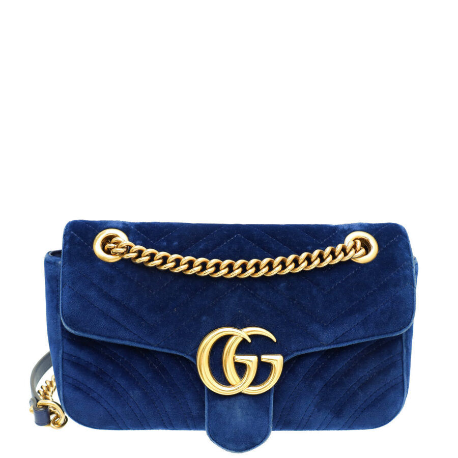 Gucci Navy Blue GG Marmont Velvet Small Shoulder Bag | Studio Nafay