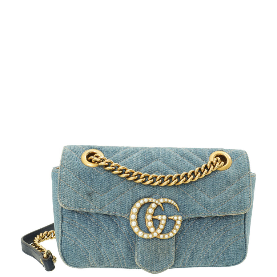 Gucci Blue Denim GG Pearly Marmont Mini Shoulder Bag | Studio Nafay