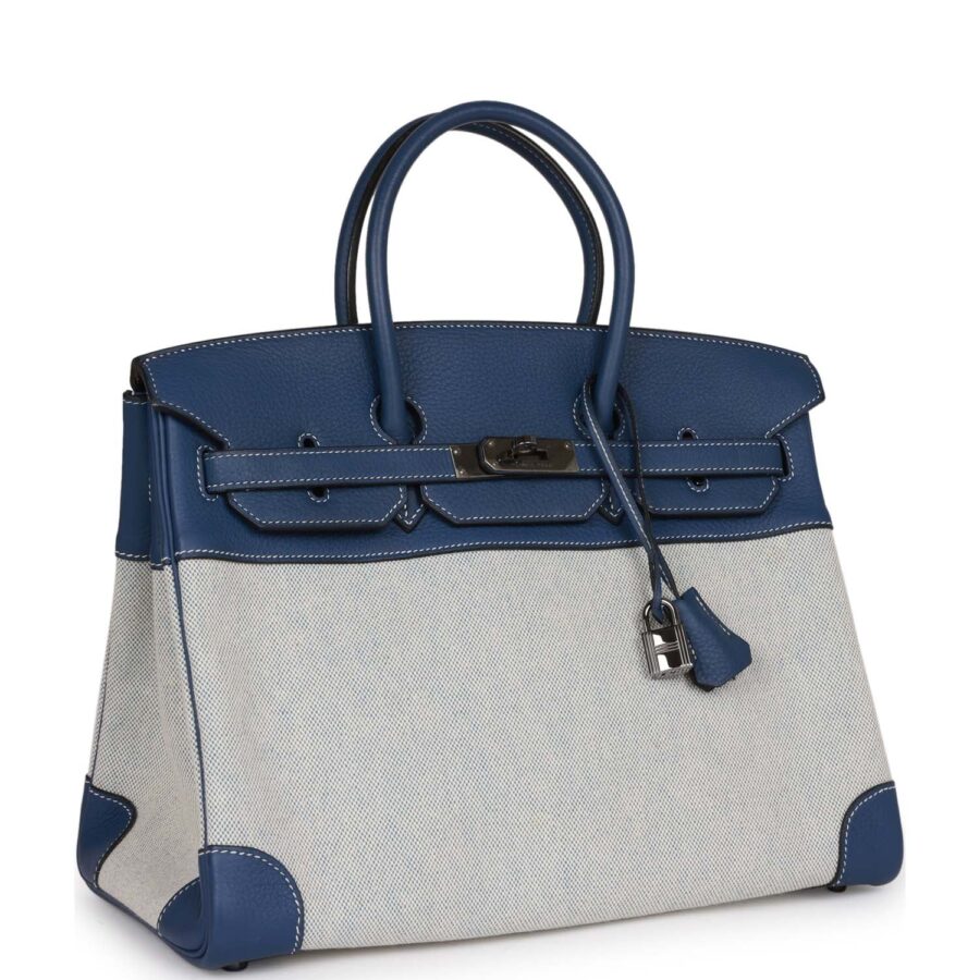 Hermes Birkin 35 Bleu Brighton Clemence and Toile H Ruthenium Hardware | Studio Nafay