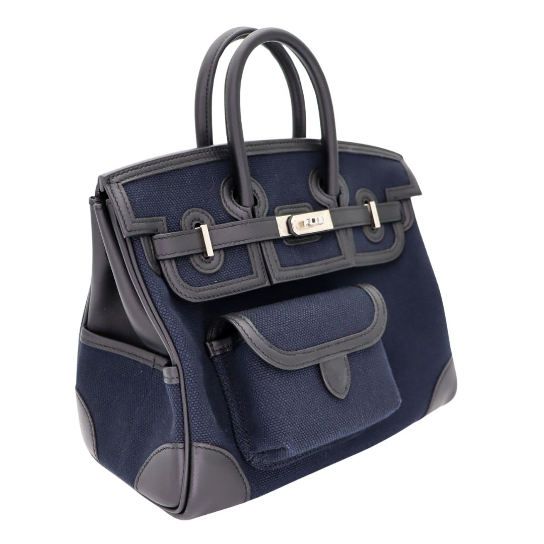 Hermes25cm Birkin Cargo Bleu Marine/ Black Canvas/ Swift Leather Palladium Hardware