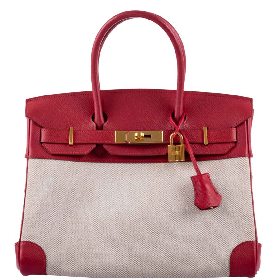 HermesBirkin 30 Toile & Rouge Vif Courchevel Leather Gold Hardware | Studio Nafay