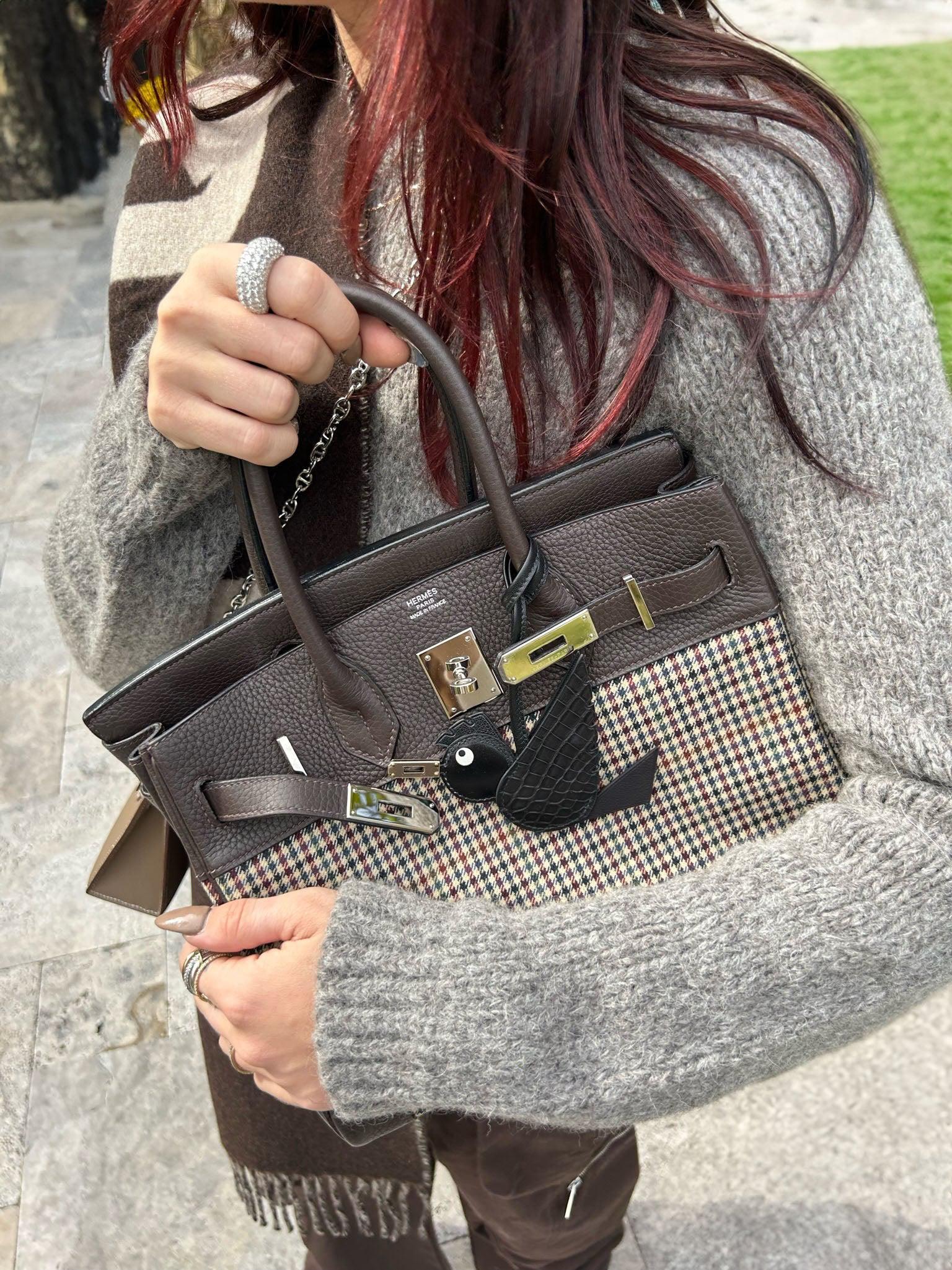 HermesLainage Birkin 30 Houndstooth Plaid Wool and Ebene Togo Palladium Hardware
