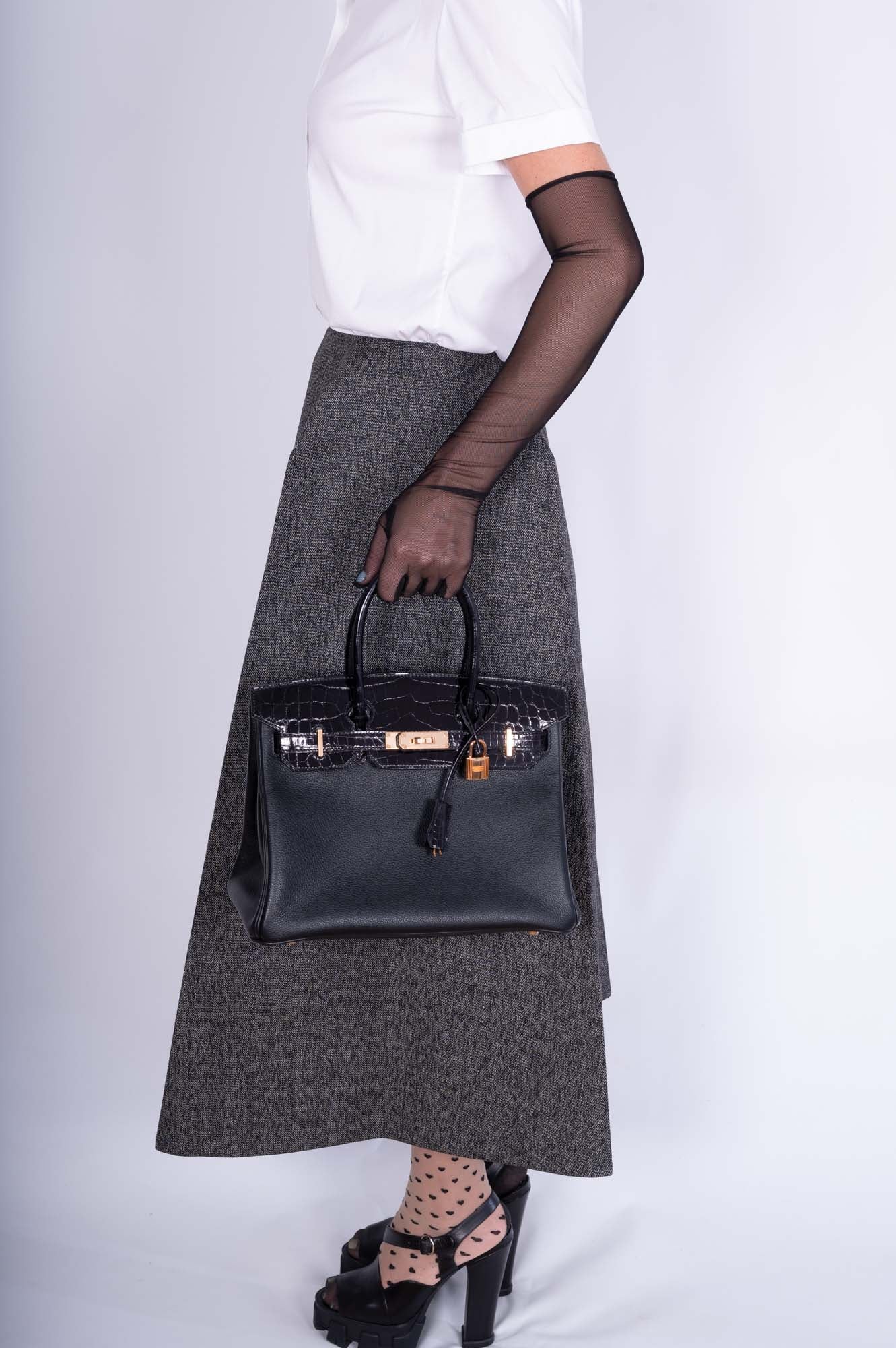 HermesTouch Birkin 30 Black Shiny Nilo Crocodile and Togo Rose Gold Hardware