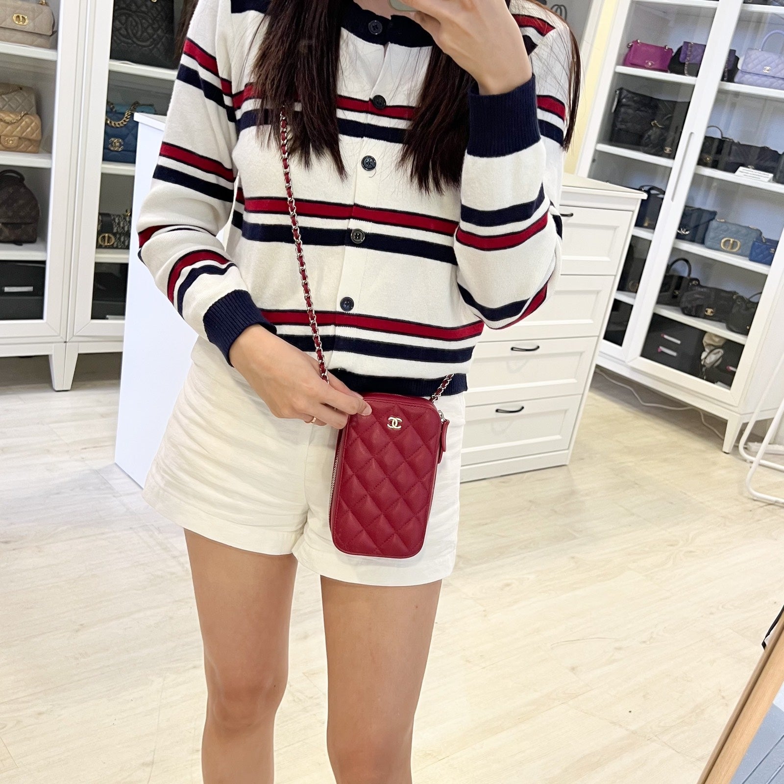 Chanel Vertical Phone Holder / Clutch on Chain in Red Caviar and SHW (Model: )