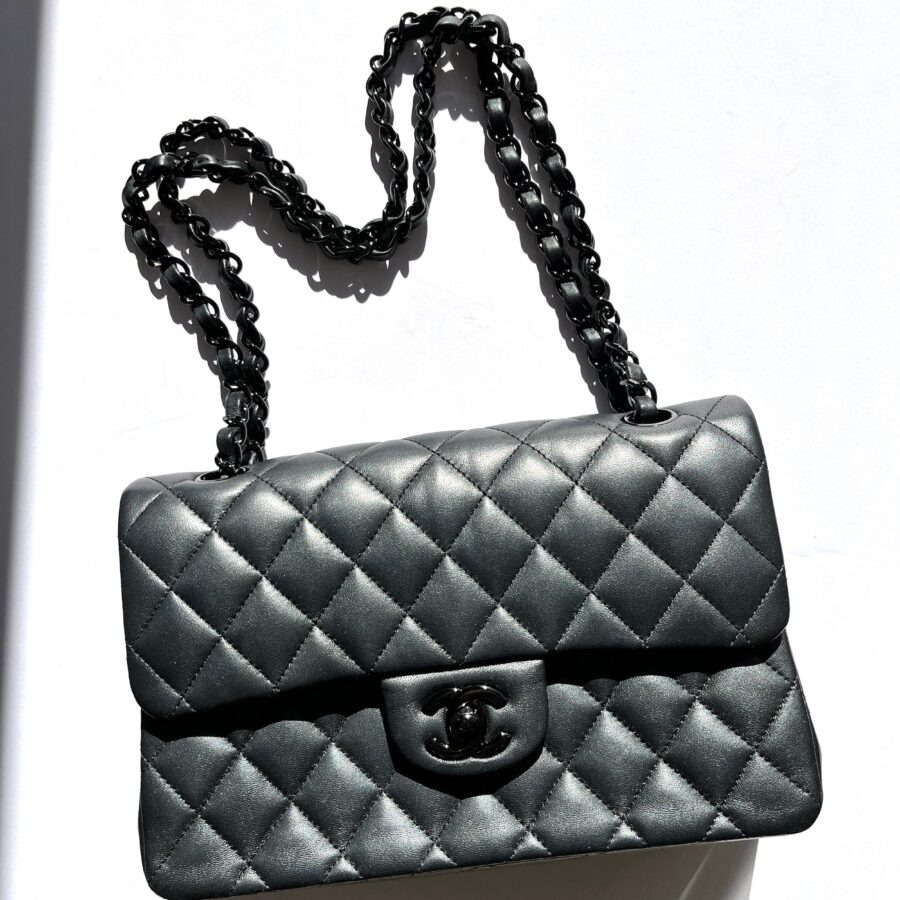 CHANEL Charcoal So Black Lambskin Small Double Flap Quilted Shoulder Bag | Studio Nafay