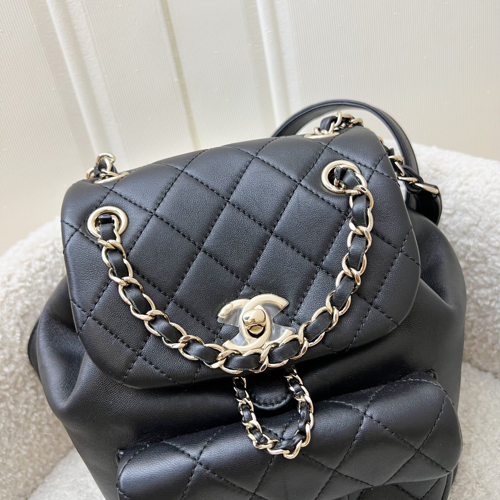 Chanel Duma Mini Backpack in Black Lambskin and LGHW (Model: )