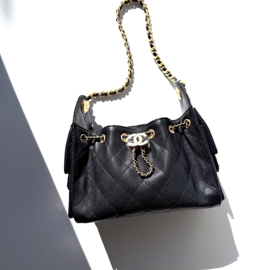New CHANEL 25 Mini Black Quilted Caviar Leather Shoulder Bag | Studio Nafay