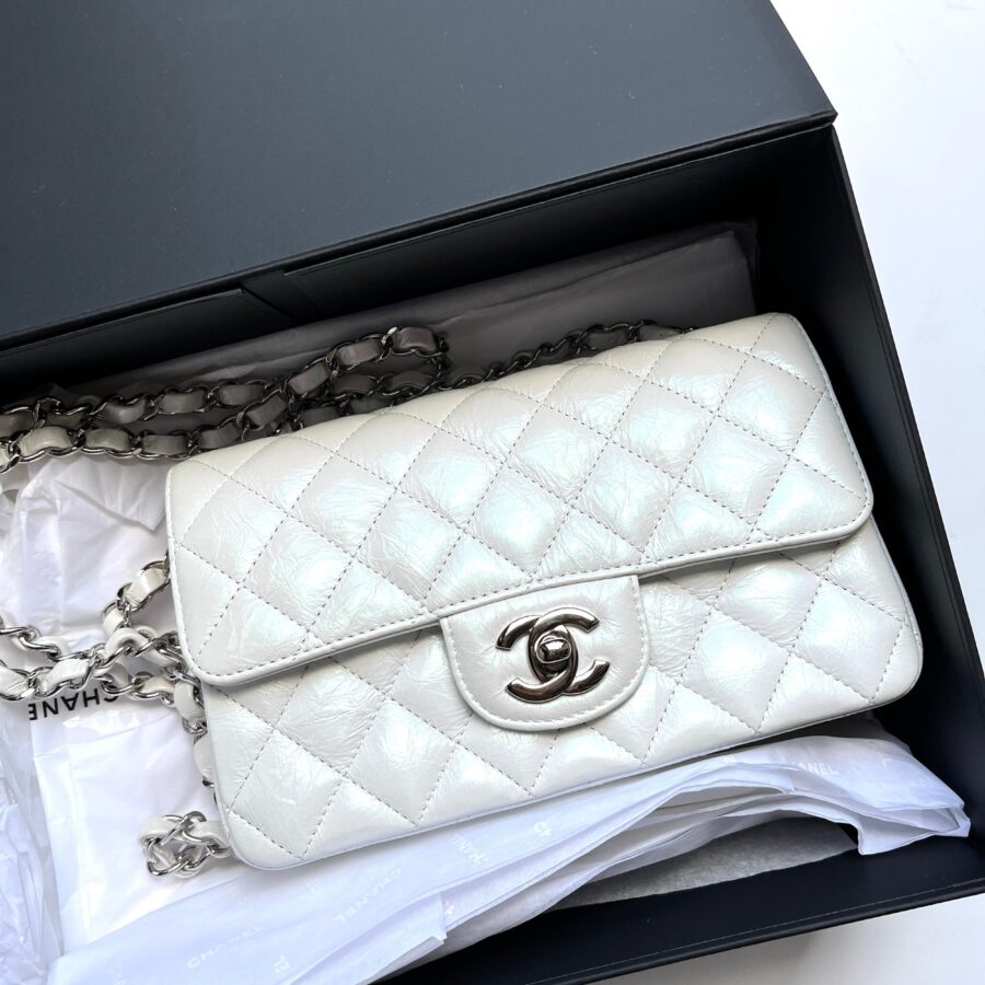 CHANEL White Rectangular Mini Crumpled Calfskin Classic Flap Bag | Studio Nafay