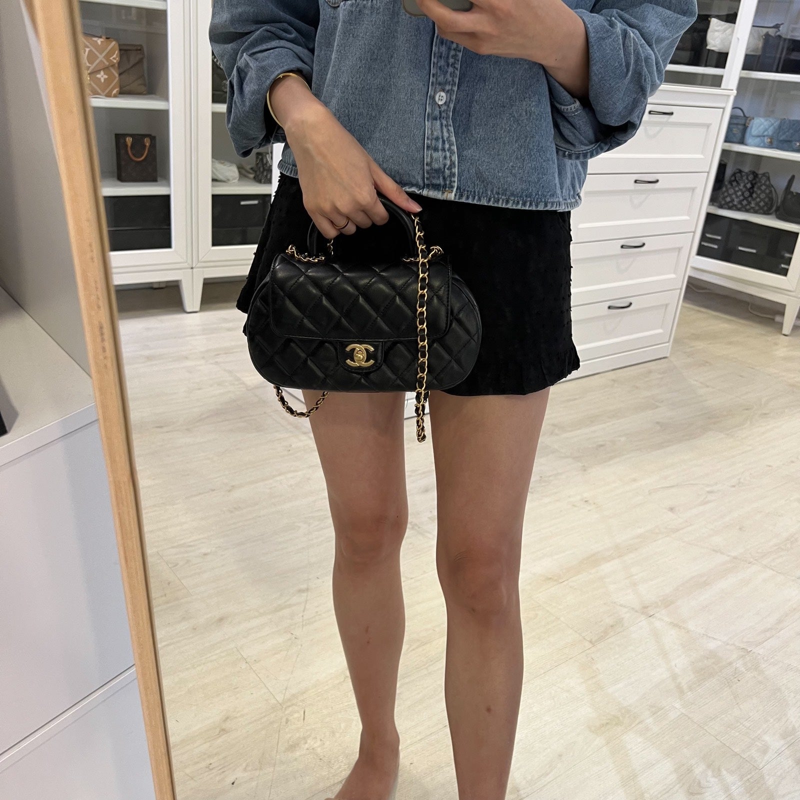 Chanel 24C Top Handle Flap Bag in Black Lambskin and AGHW (Model: )