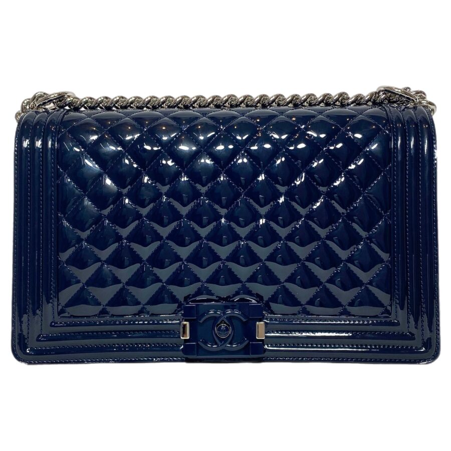 Chanel Navy Patent Old Medium Boy Bag | Studio Nafay