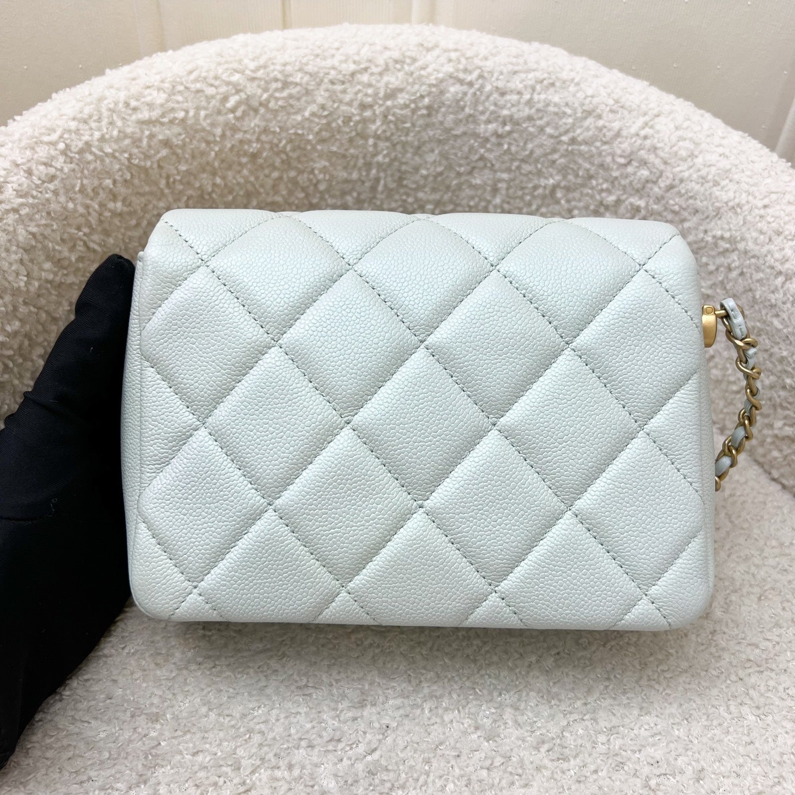 Chanel 21K Perfect Mini Flap Bag with Adjustable Chain in Iridescent Mint Caviar and AGHW (Model: )