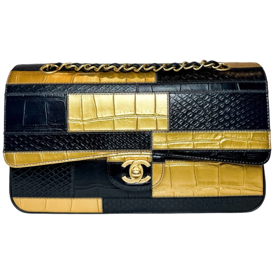 Chanel Black Gold Egypt Crocodile Python Embossed Medium Flap Bag | Studio Nafay