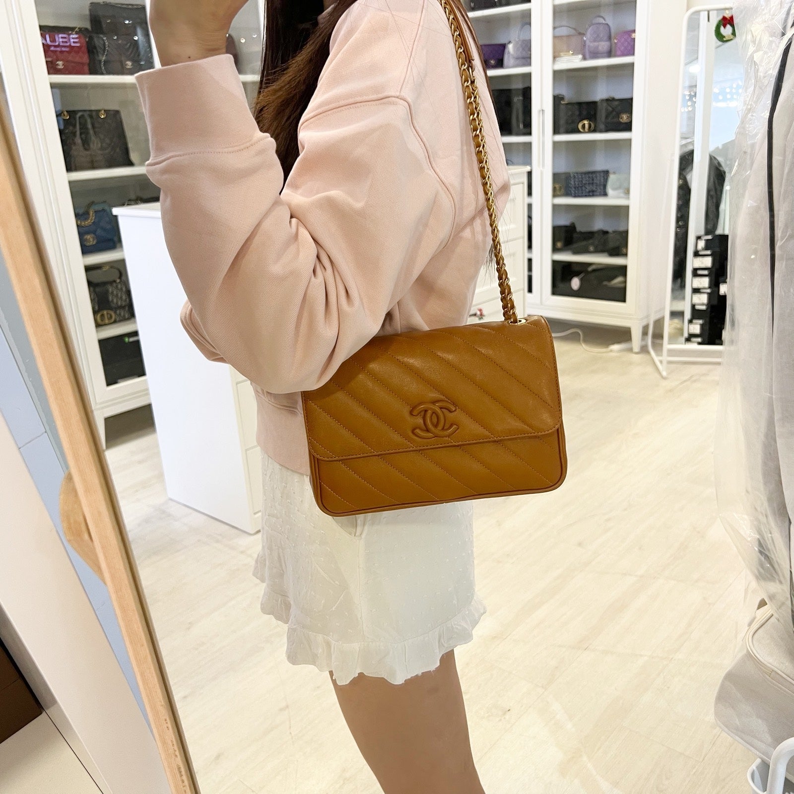 Chanel Diagonal Quilted Small Flap Bag in Caramel Brown Leather and AGHW