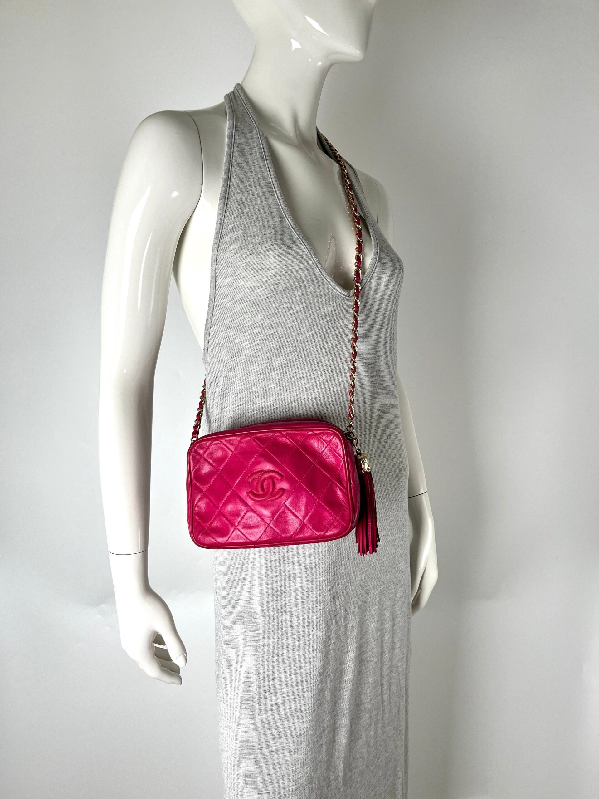 CHANEL Tassel Pink Leather Quilted Crossbody Camera Case Bag