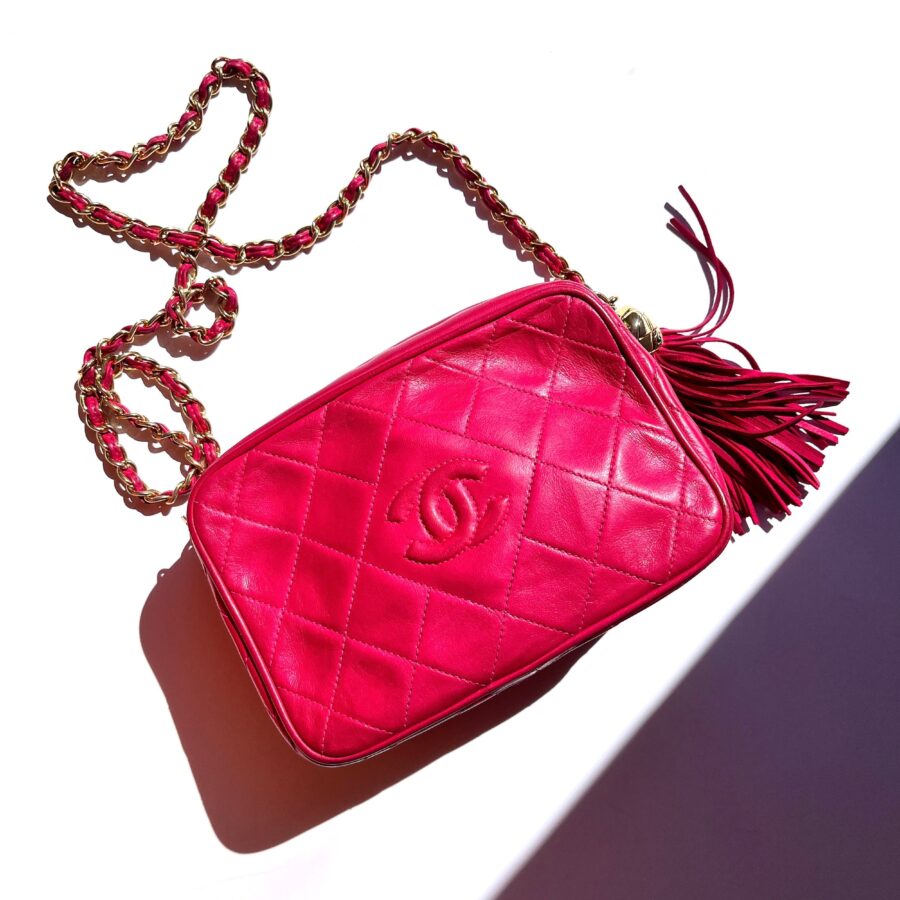 CHANEL Tassel Pink Leather Quilted Crossbody Camera Case Bag | Studio Nafay