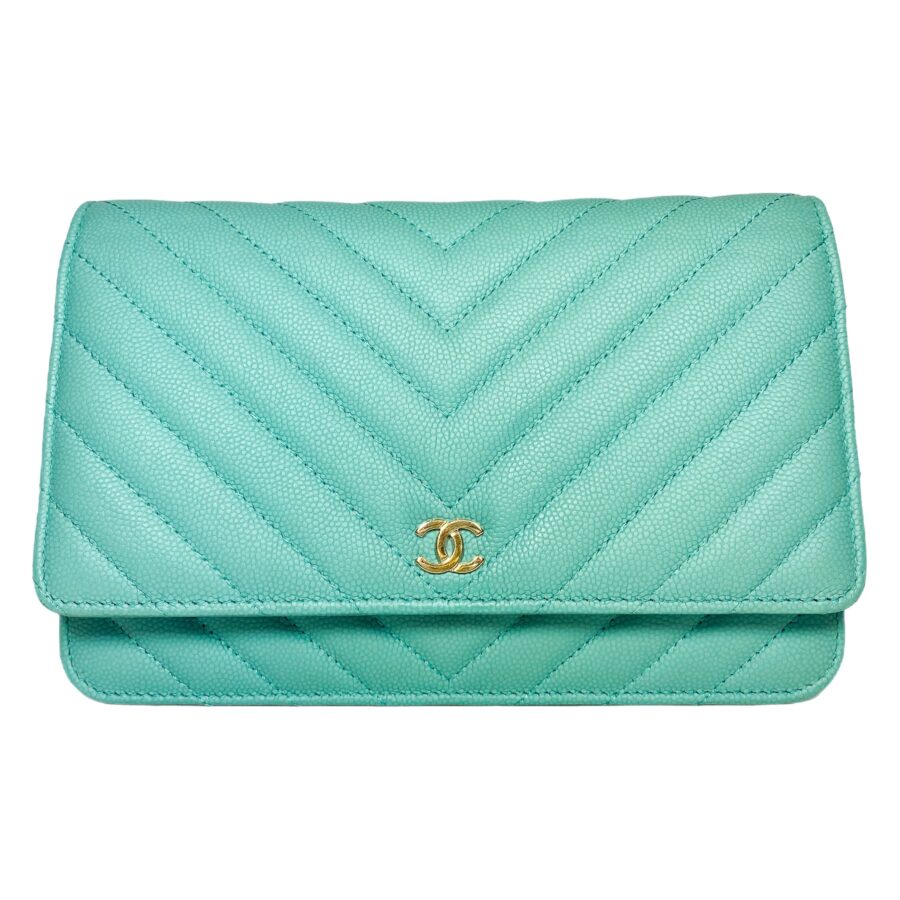 Chanel Aqua Blue Chevron Caviar Wallet on Chain | Studio Nafay