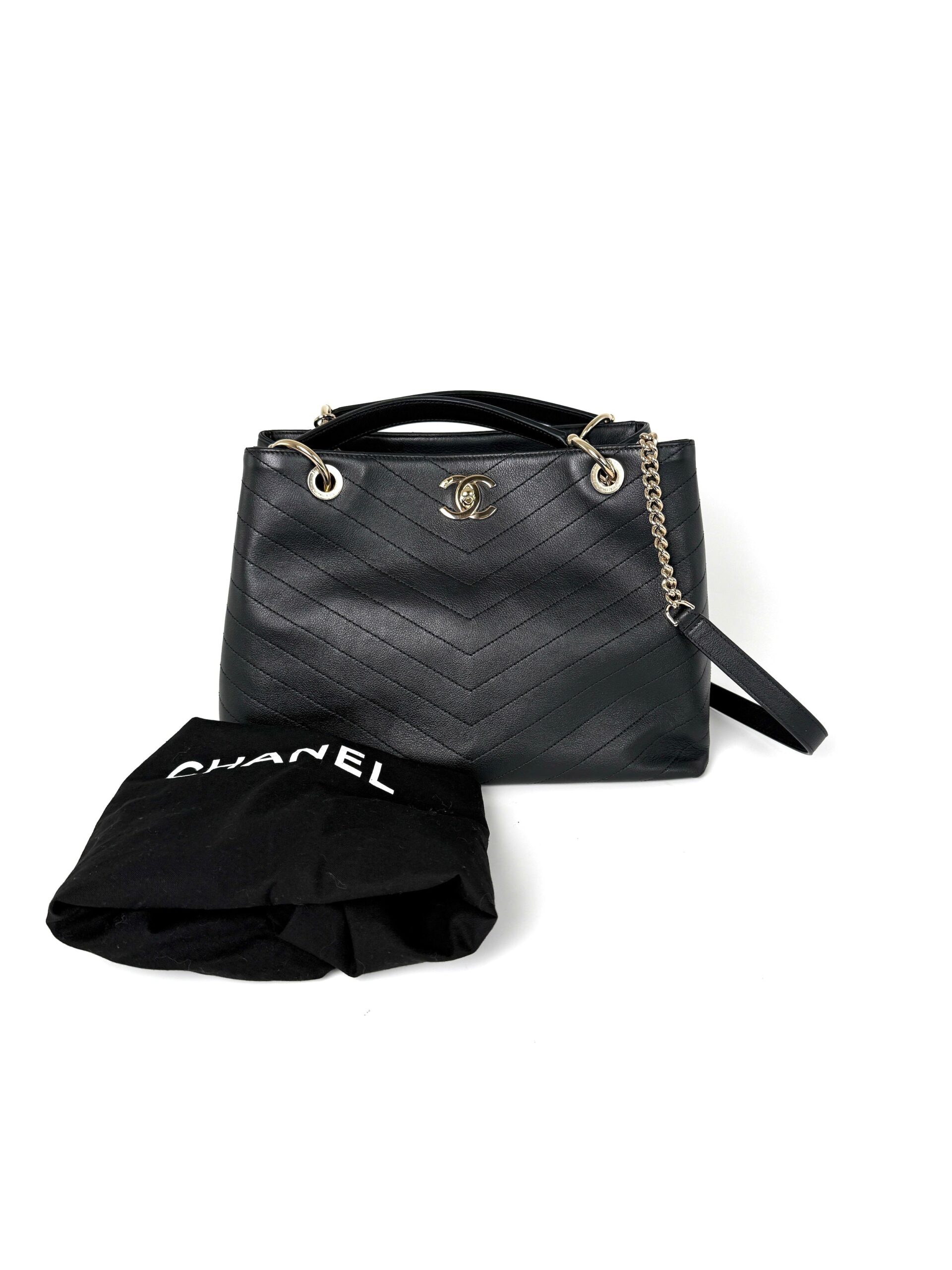 CHANEL Large Chevron Stitched Chic Shopping Black Calfskin Leather Tote Bag