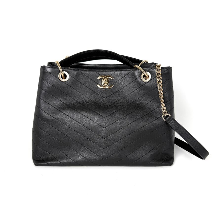 CHANEL Large Chevron Stitched Chic Shopping Black Calfskin Leather Tote Bag | Studio Nafay