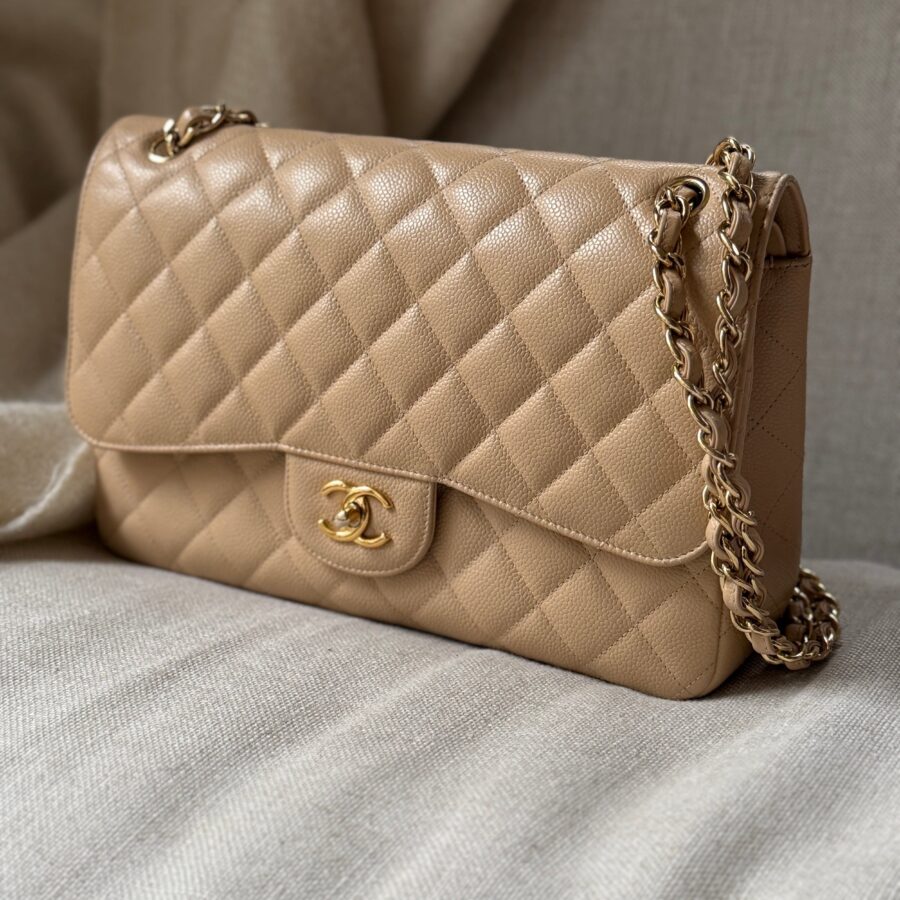 CHANEL Light Beige Caviar Jumbo Quilted Gold Hardware Classic Double Flap Bag | Studio Nafay