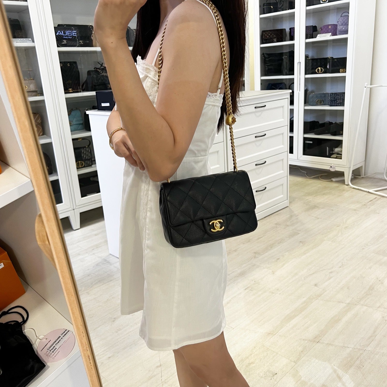 [Local Set – ] Chanel 23P Heart Adjustable Chain Mini / Small Flap Bag in Black Caviar and AGHW (Model: )